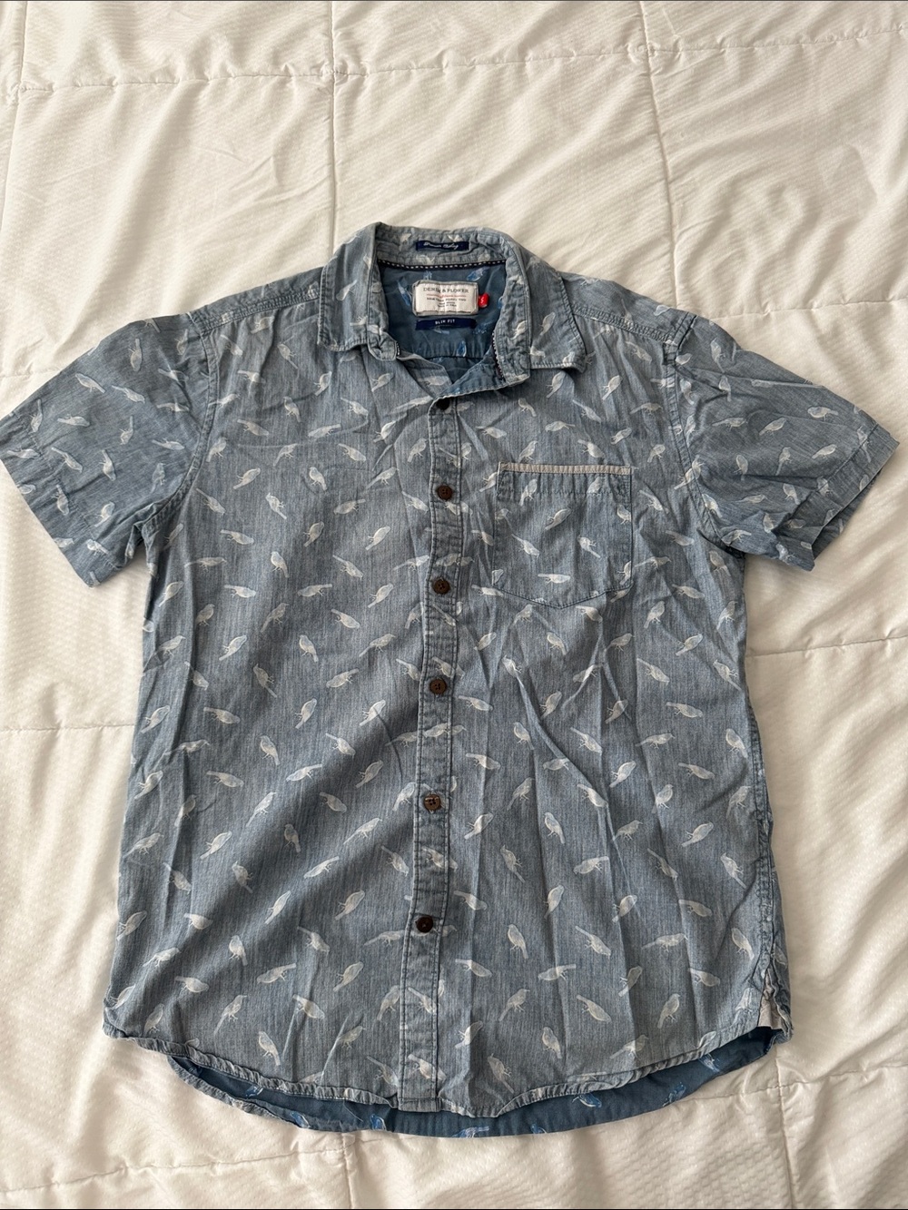 Denim & Flower Short-Sleeve Bird Print Shirt - Blue